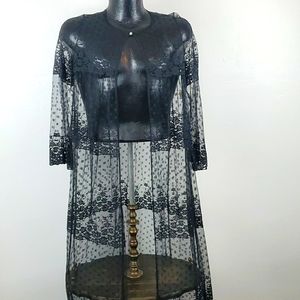 Vintage Deena black long lace 3/4 sleeve robe peignoir women size M